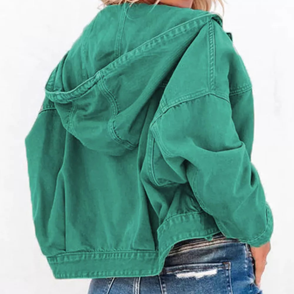 Teal hooded denim jacket, back view showing the hood and dropped shoulders