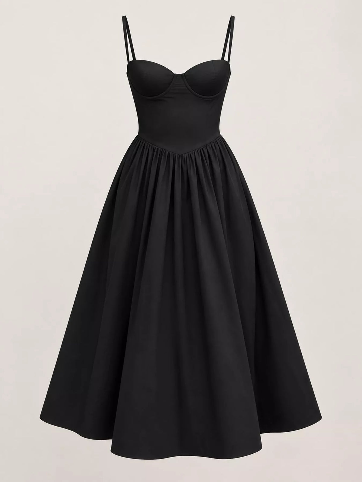 Black sweetheart midi dress laid flat, showing the fitted bodice, V-shaped seam and full skirt