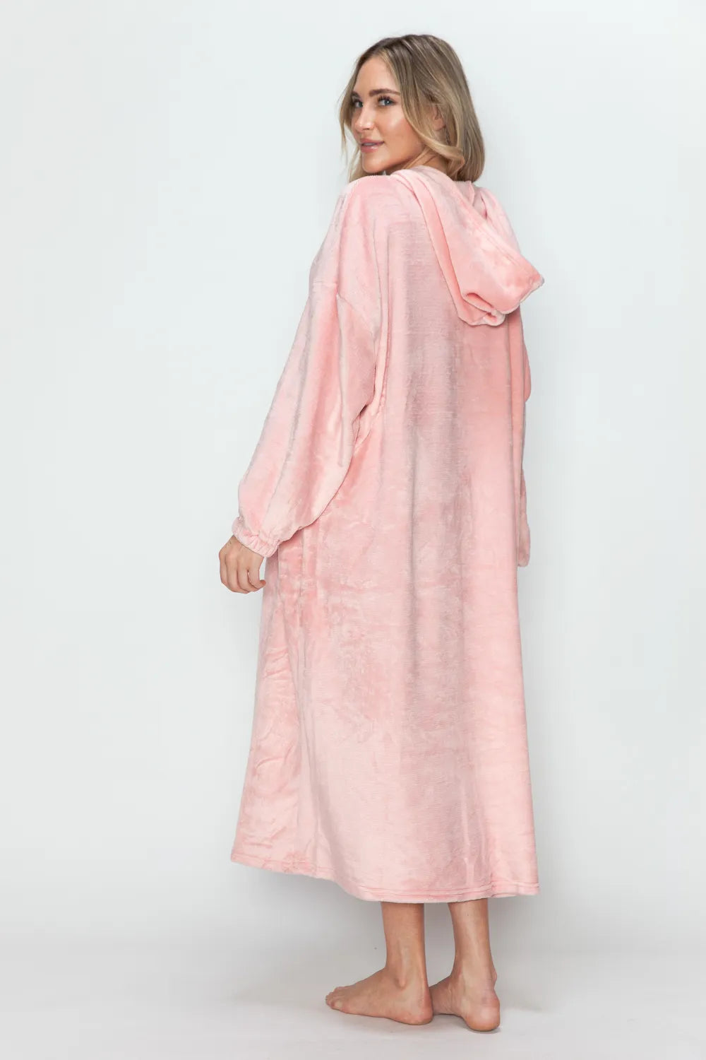 Back view of the dusty pink hooded lounge dress showing the hood and relaxed fit