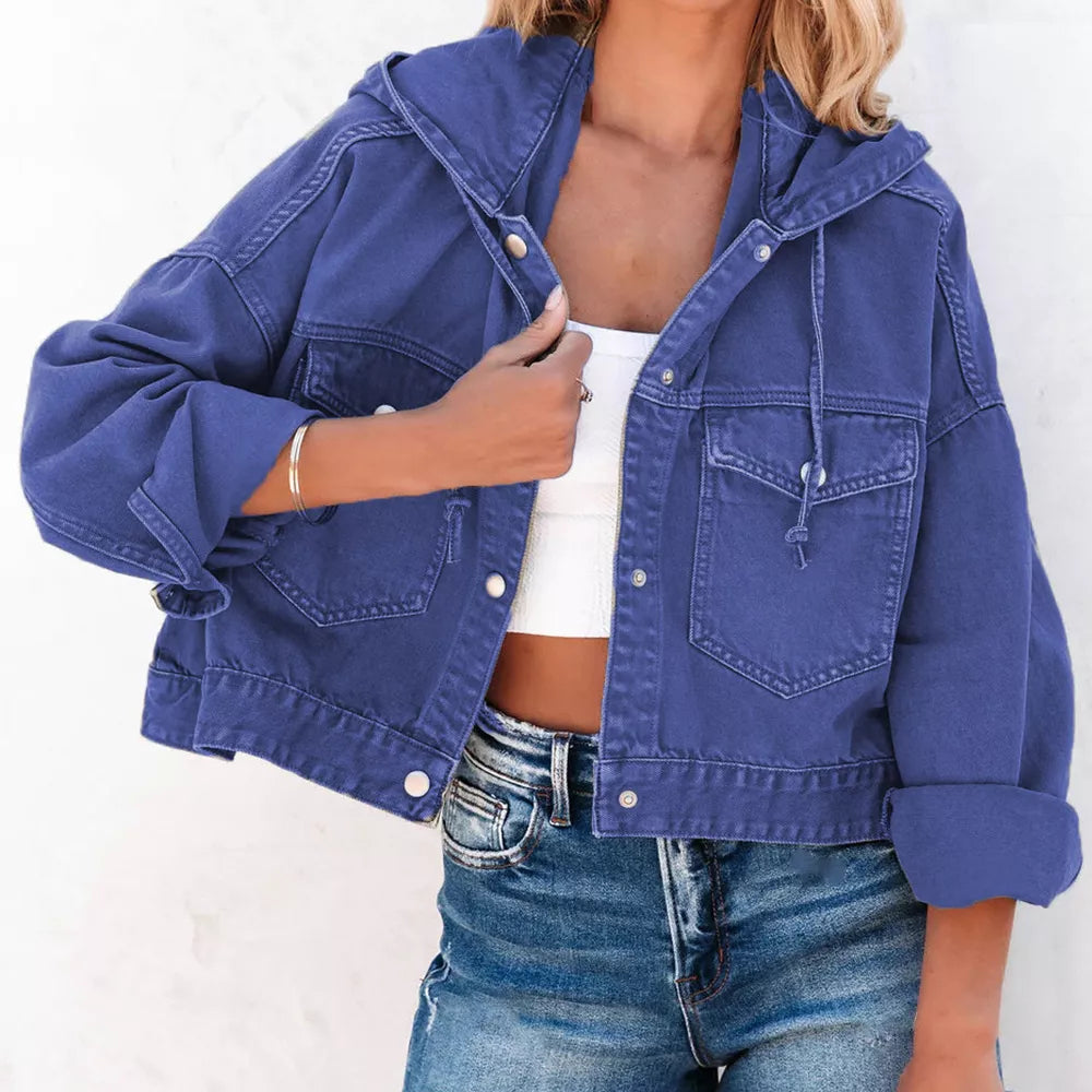 Royal blue hooded denim jacket, front view with drawstring hood and button front