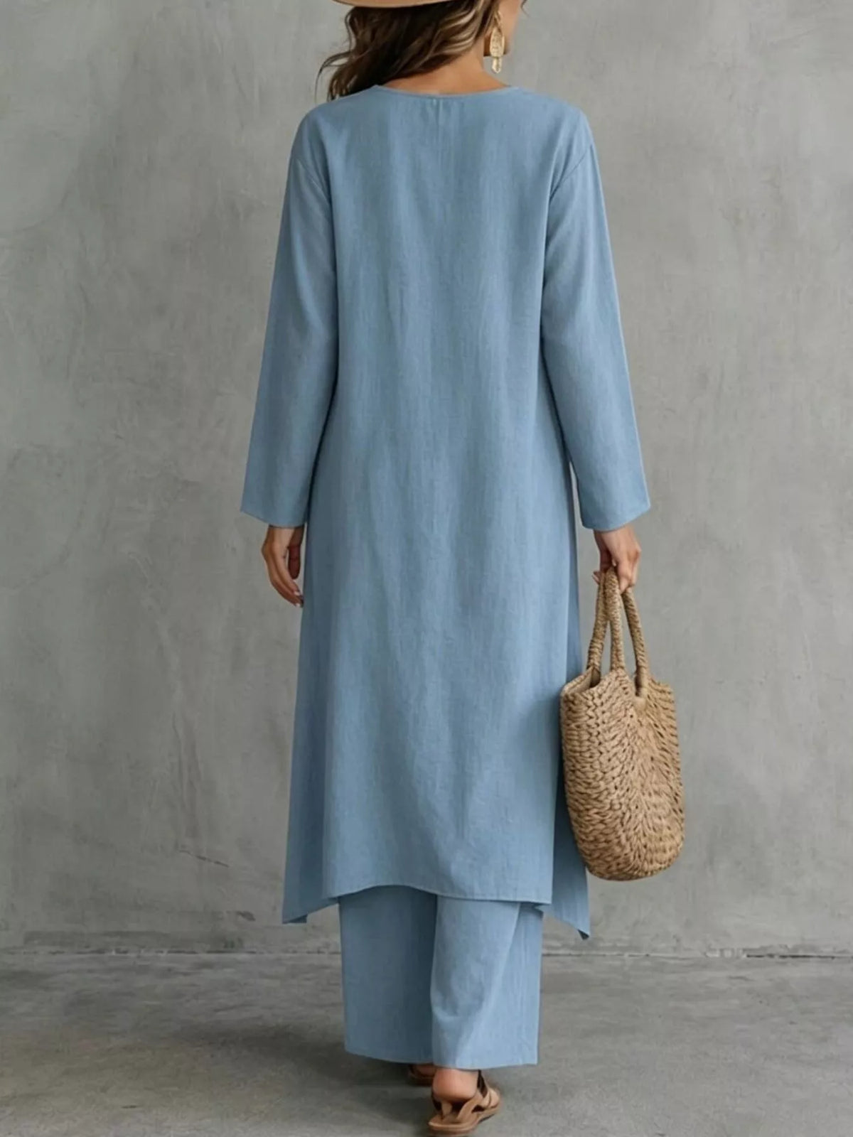 Back view of the blue longline top and matching pants