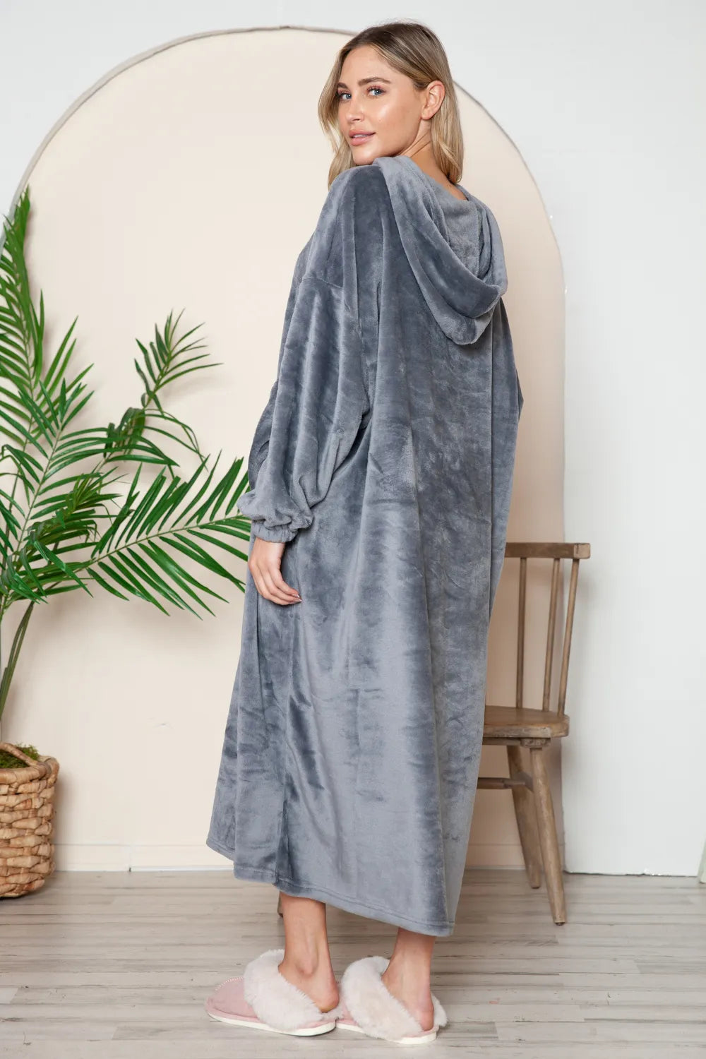 Back view of the dark gray hooded midi lounge dress