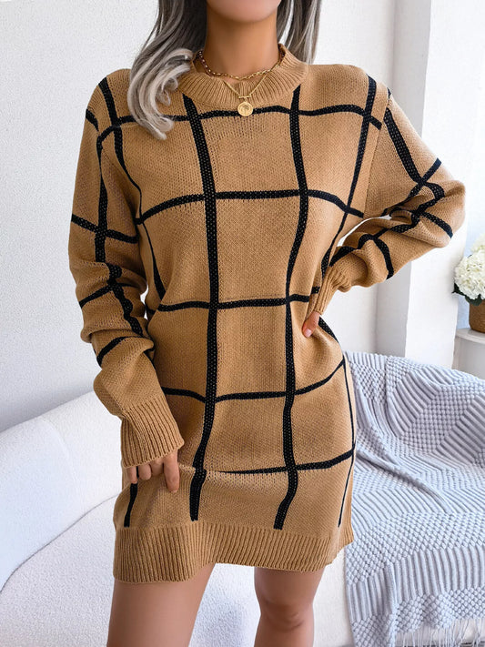 Camel long sleeve knit mini sweater dress with a black windowpane grid pattern, crew neck and ribbed hem, front view