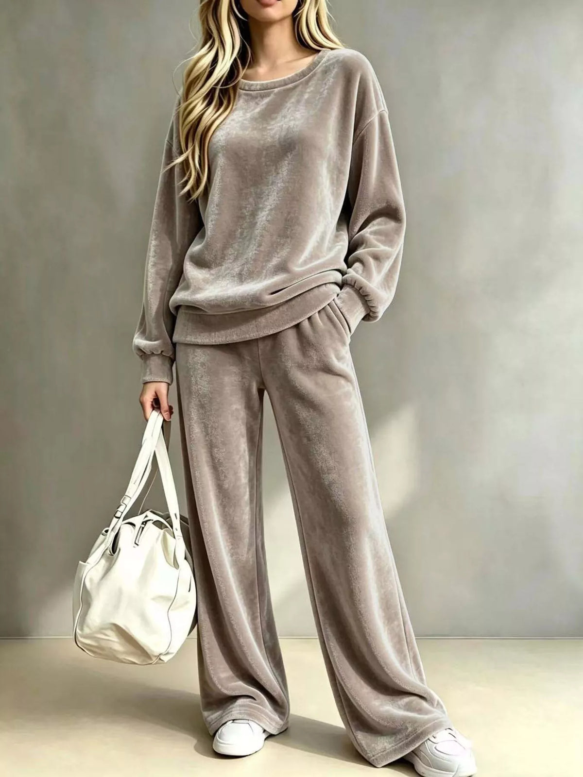 Khaki velvet crew neck top and wide-leg pants set in a taupe shade, front view