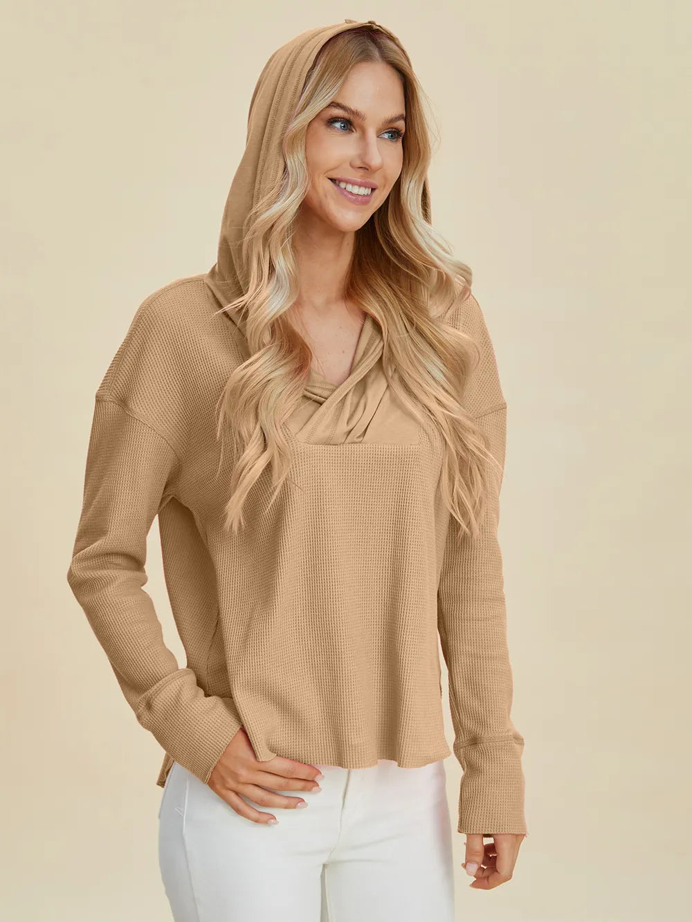Camel dropped-shoulder hoodie, three-quarter front