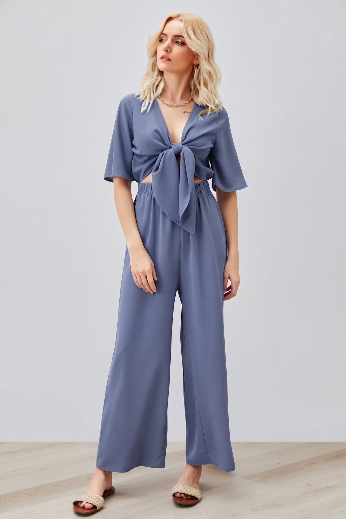 Tie Front Cutout Wide Leg Jumpsuit