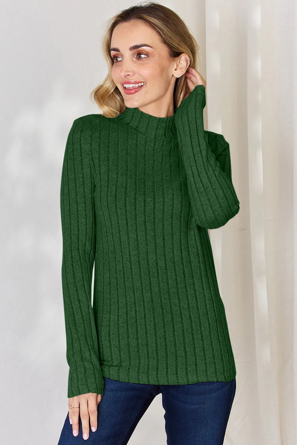 Green ribbed mock neck long sleeve tee with long fitted sleeves, front view