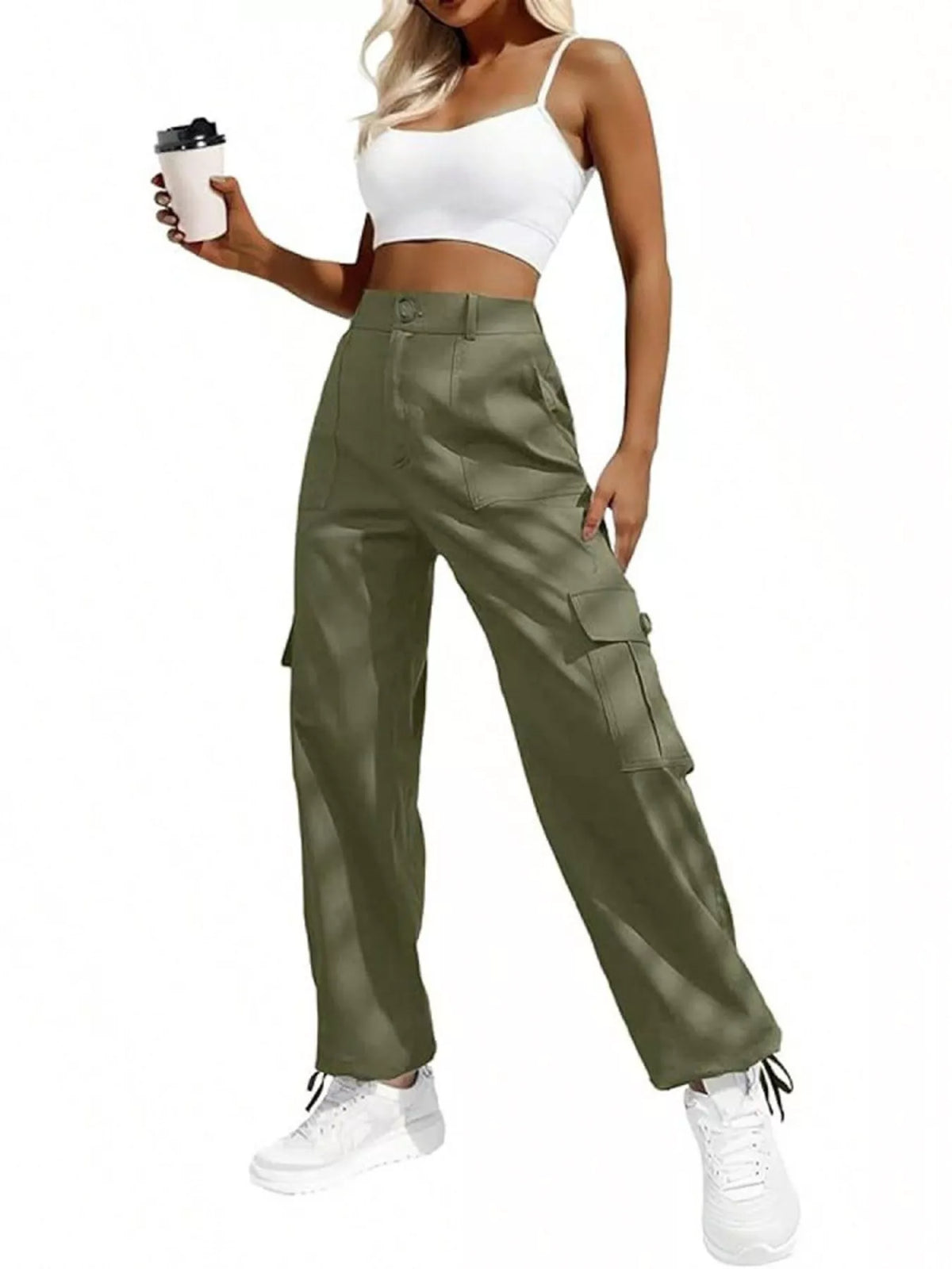 Army green cargo pants, front