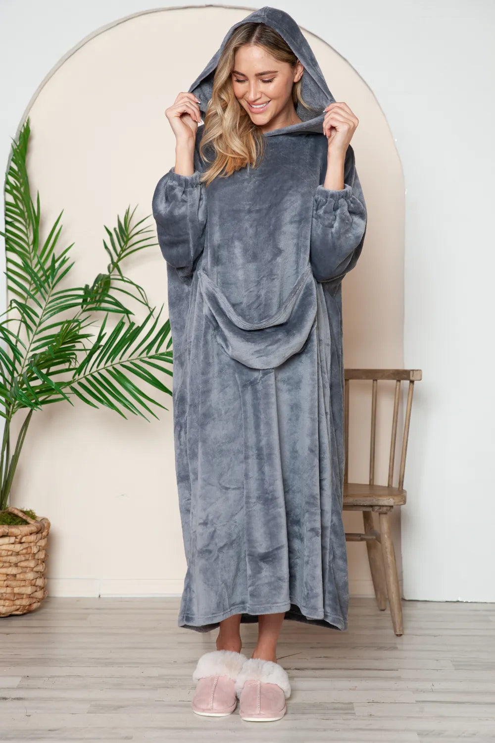 Dark gray plush-texture hooded midi lounge dress with hood up and front pocket