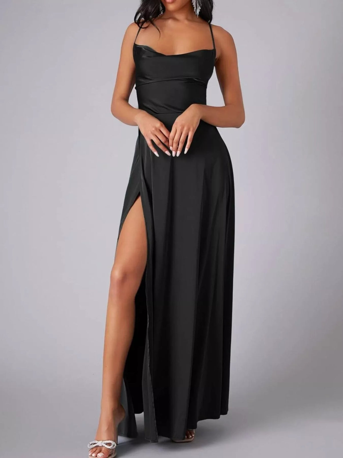 Black glossy cowl-neck maxi dress with high slit, front view