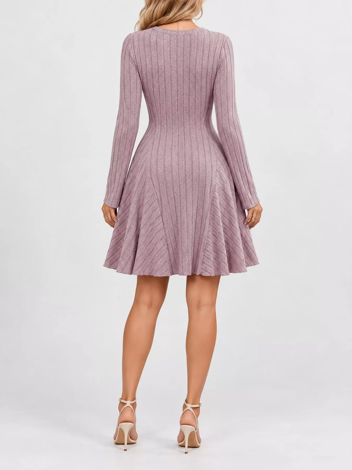 Back view of the Lotus Color ribbed knit long-sleeve flared dress
