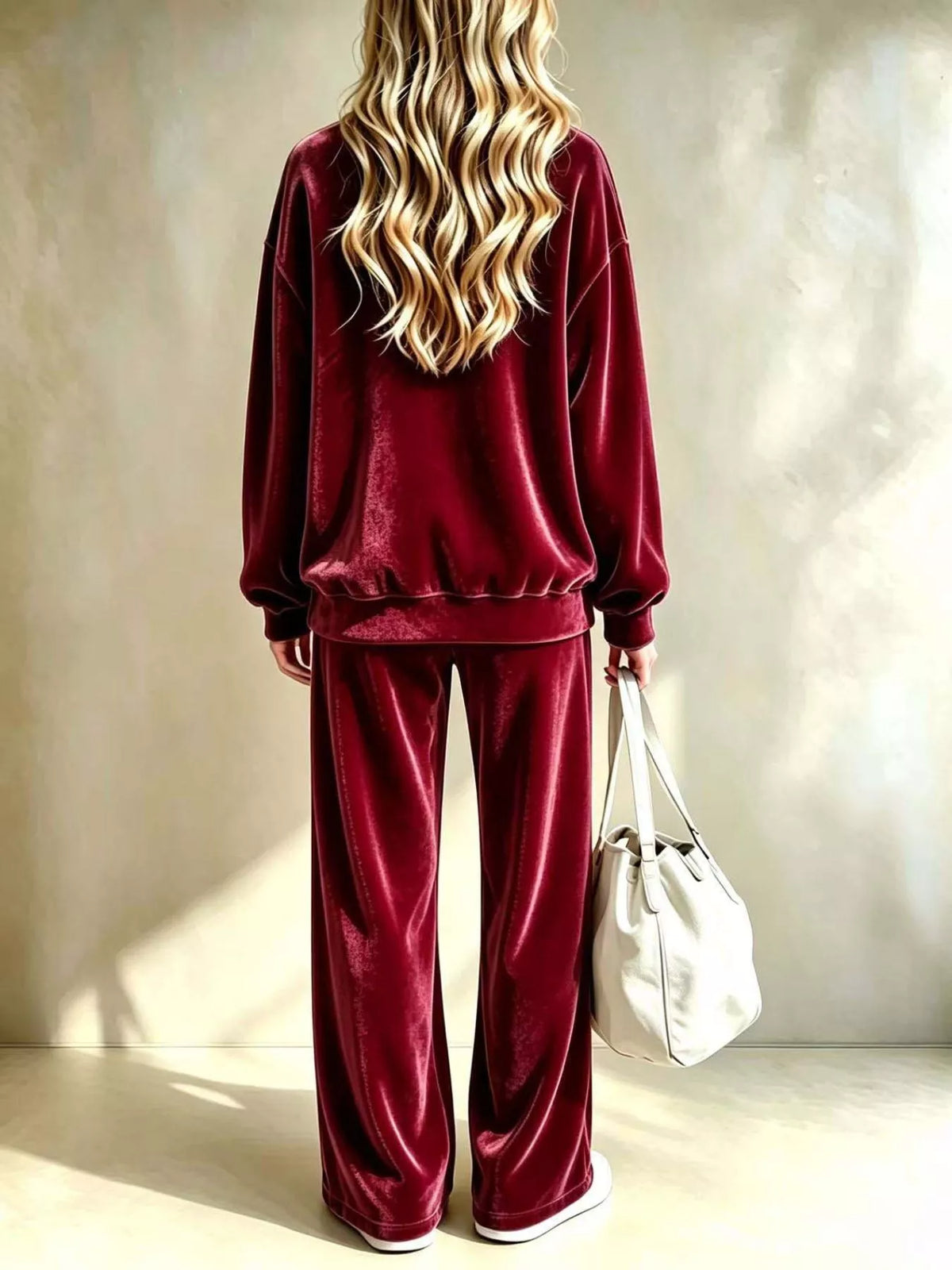 Back view of the burgundy velvet top and wide-leg pants set