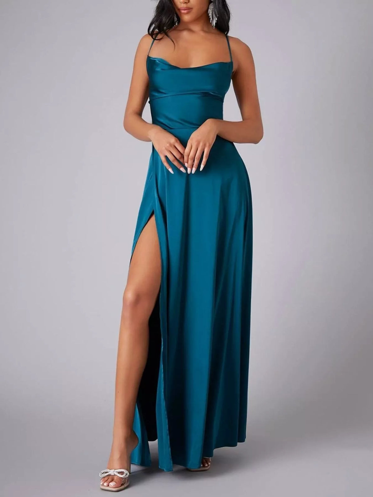 Sea Blue glossy cowl-neck maxi dress with high slit, front view