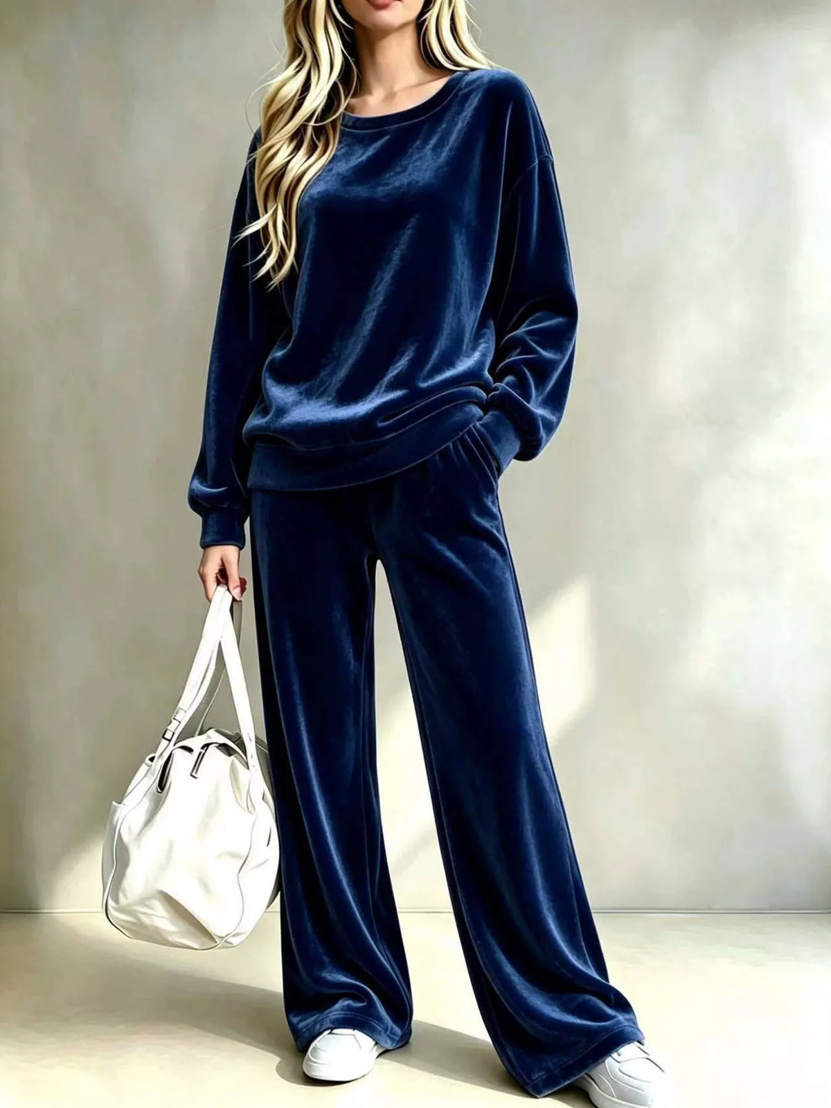 Navy velvet crew neck top and wide-leg pants set, front view