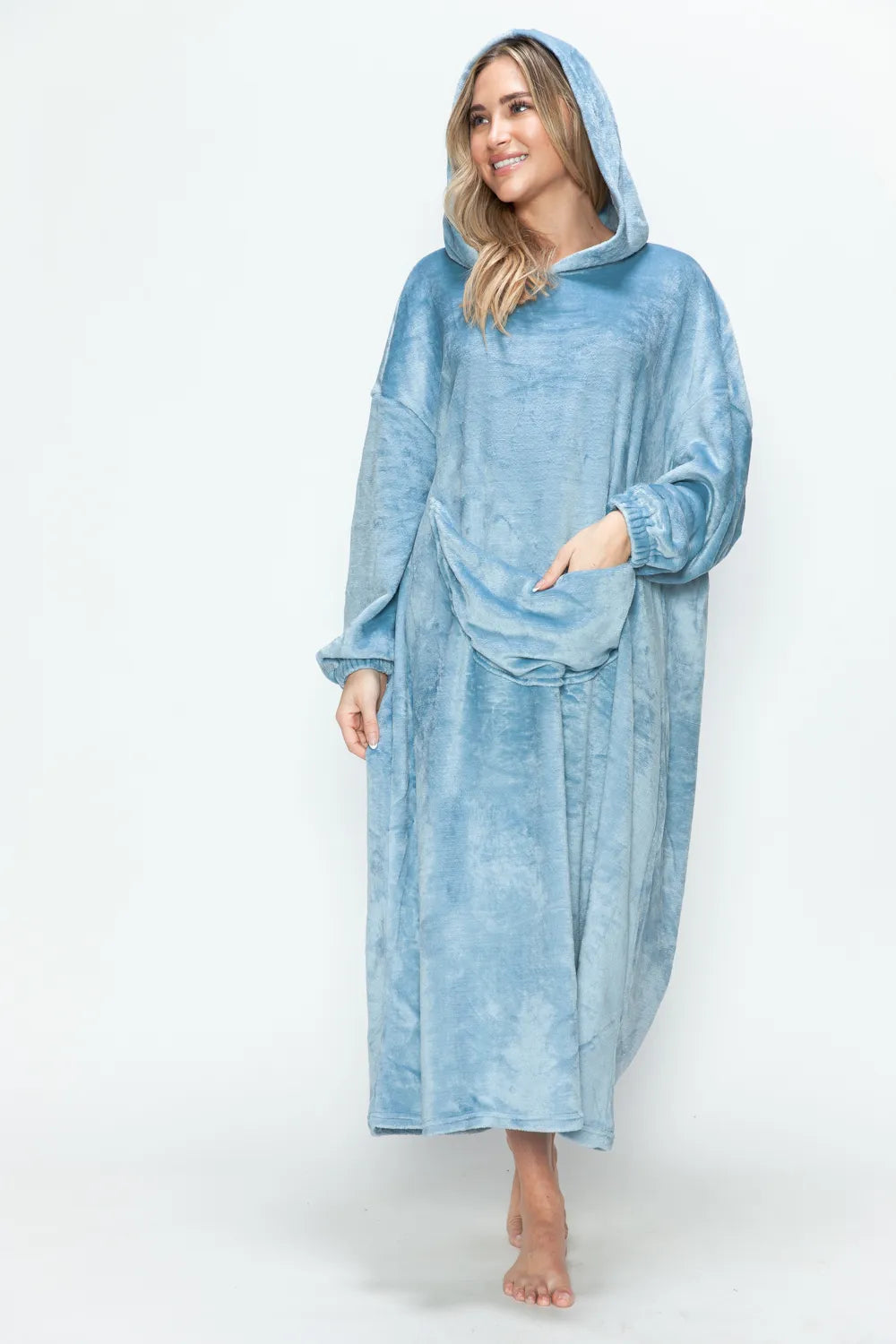 Pastel blue hooded midi lounge dress, three-quarter front, hood up