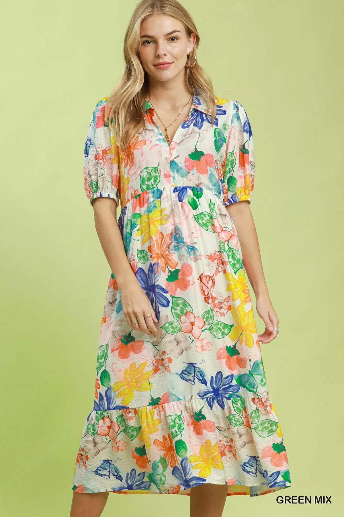 Watercolour floral tiered midi dress in green mix, full front view