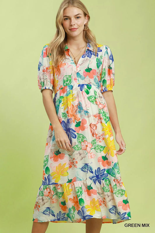 Watercolour floral tiered midi dress in green mix, full front view