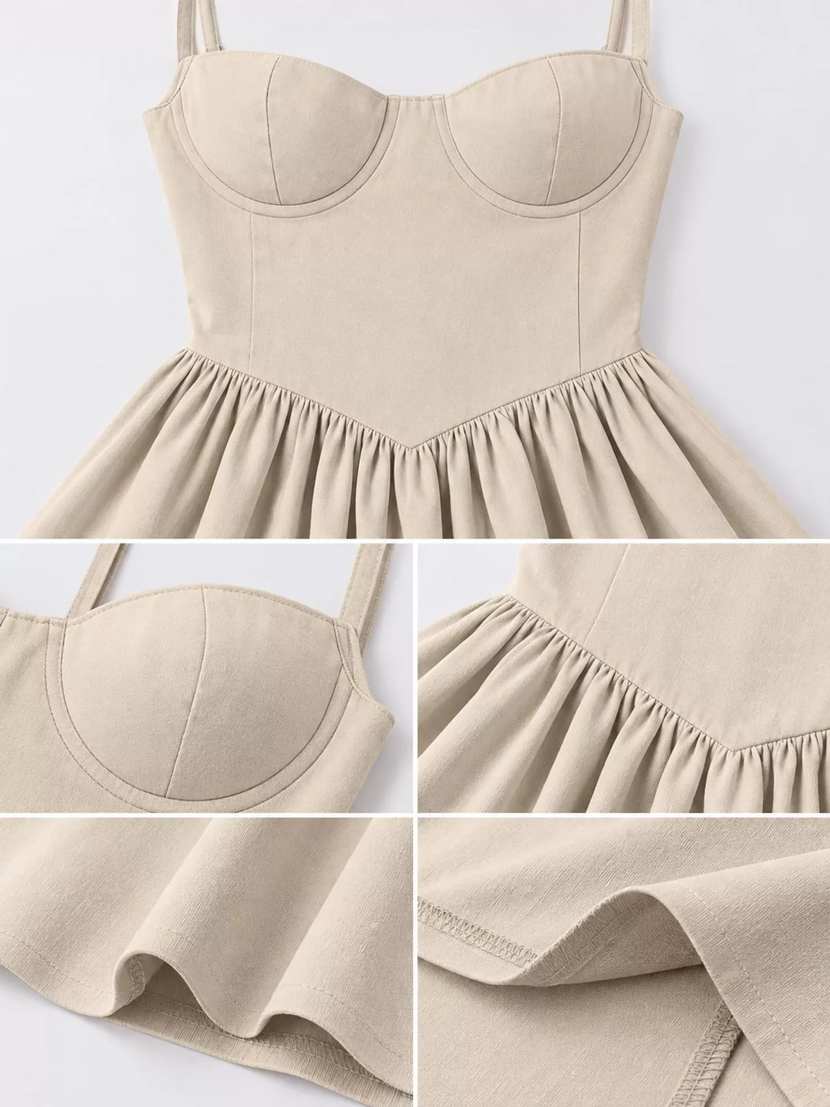 Close views of the Apricot (a light beige) midi dress: cups, gathered V seam and hem