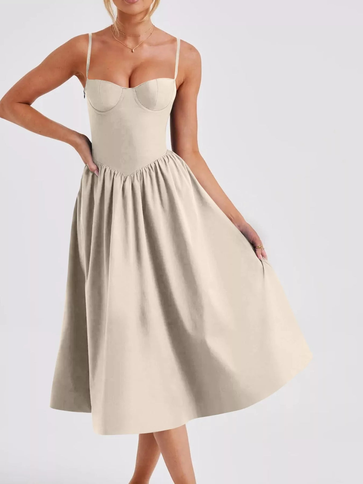 Apricot (a light beige) sweetheart-neck midi dress with spaghetti straps and full skirt, front view