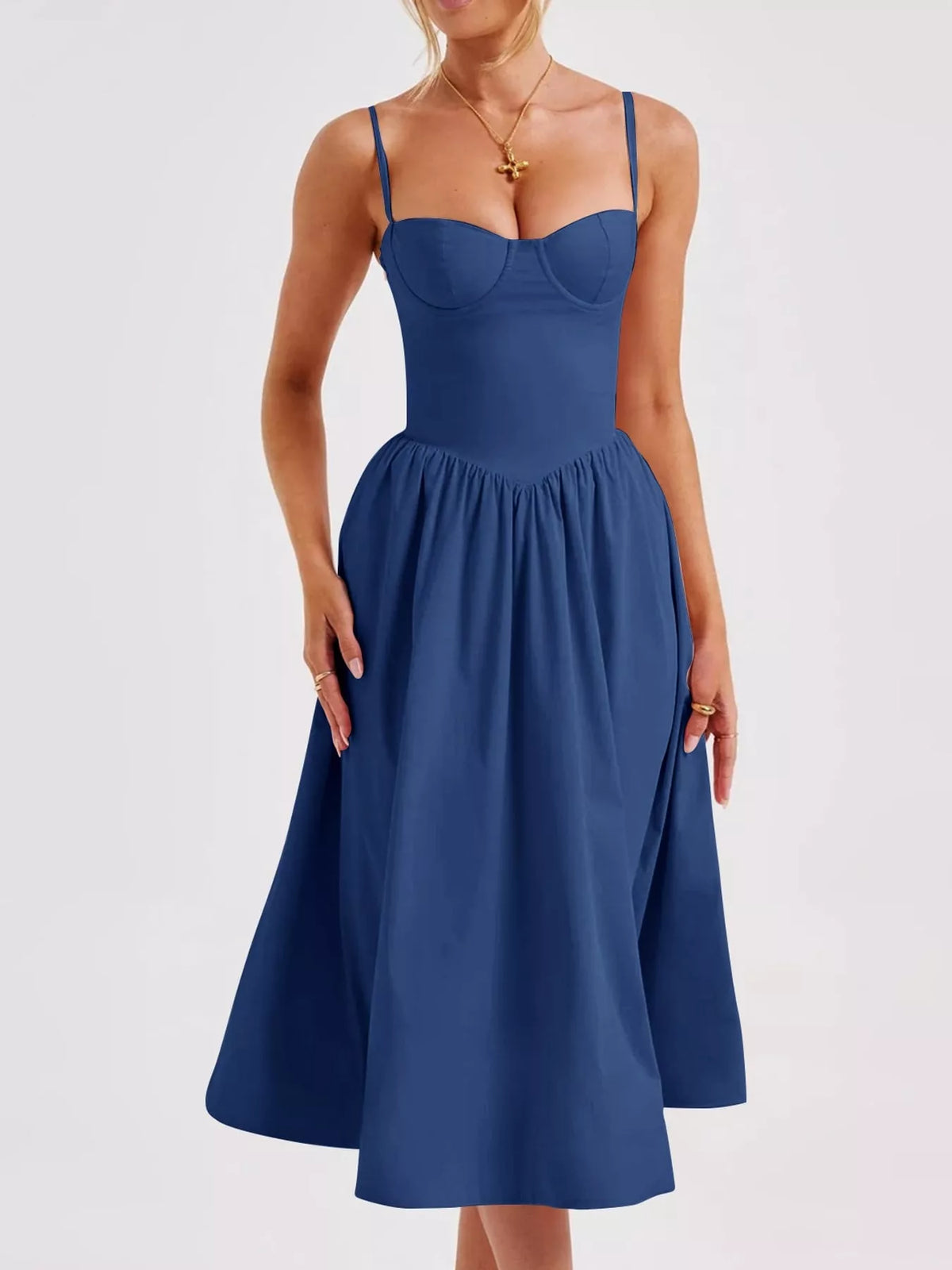 Blue (a deep blue) sweetheart-neck midi dress with spaghetti straps and full skirt, front view