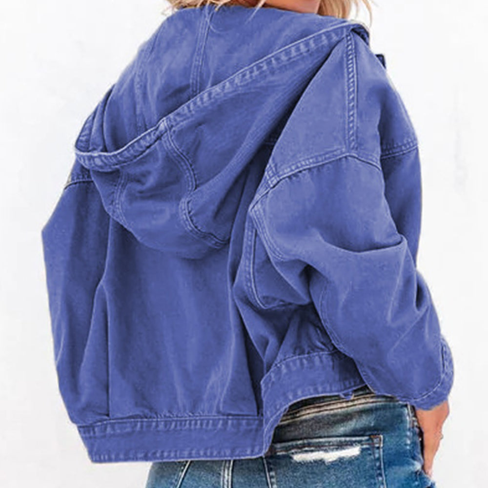 Royal blue hooded denim jacket, back view showing the hood and dropped shoulders