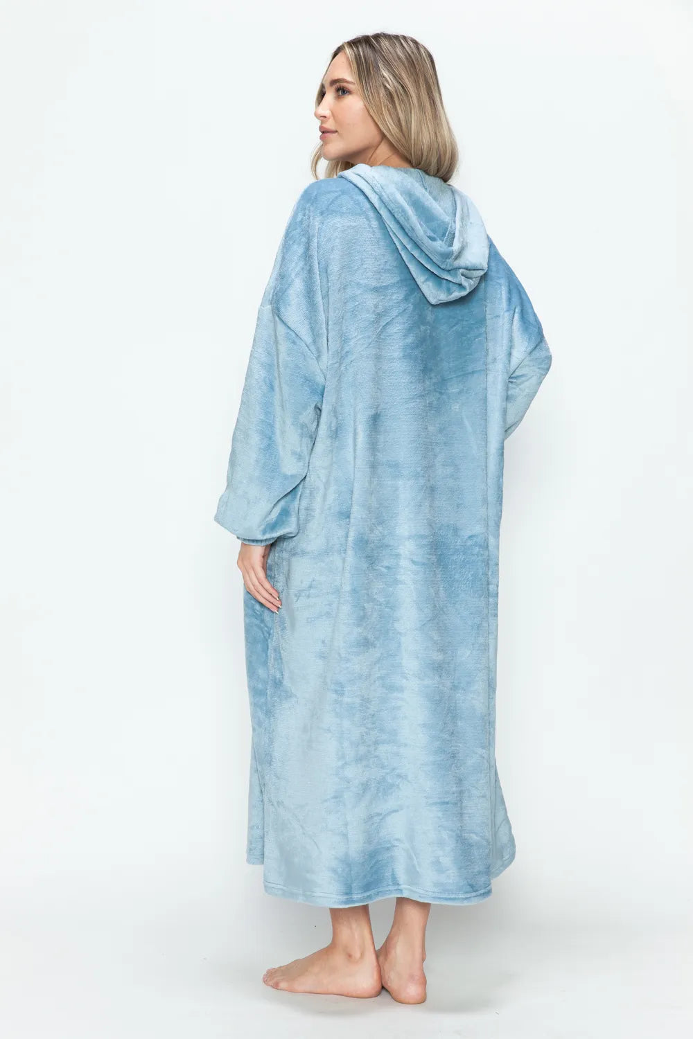 Back view of the pastel blue hooded midi lounge dress
