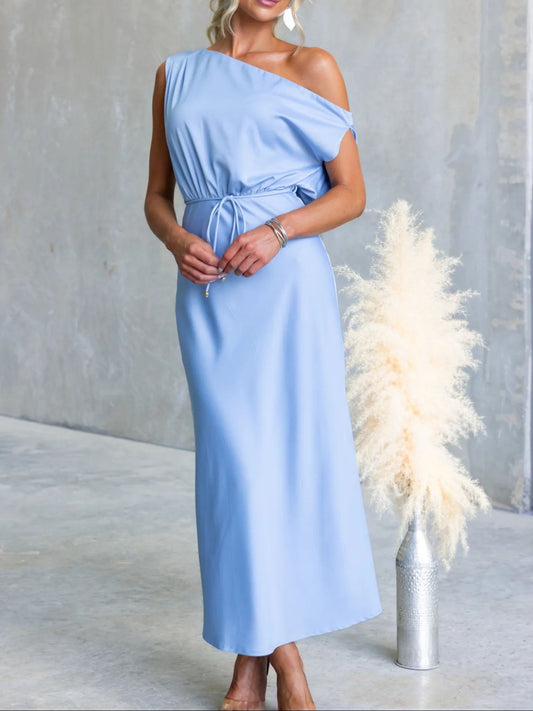 Light Blue one-shoulder maxi dress with tie waist, front view