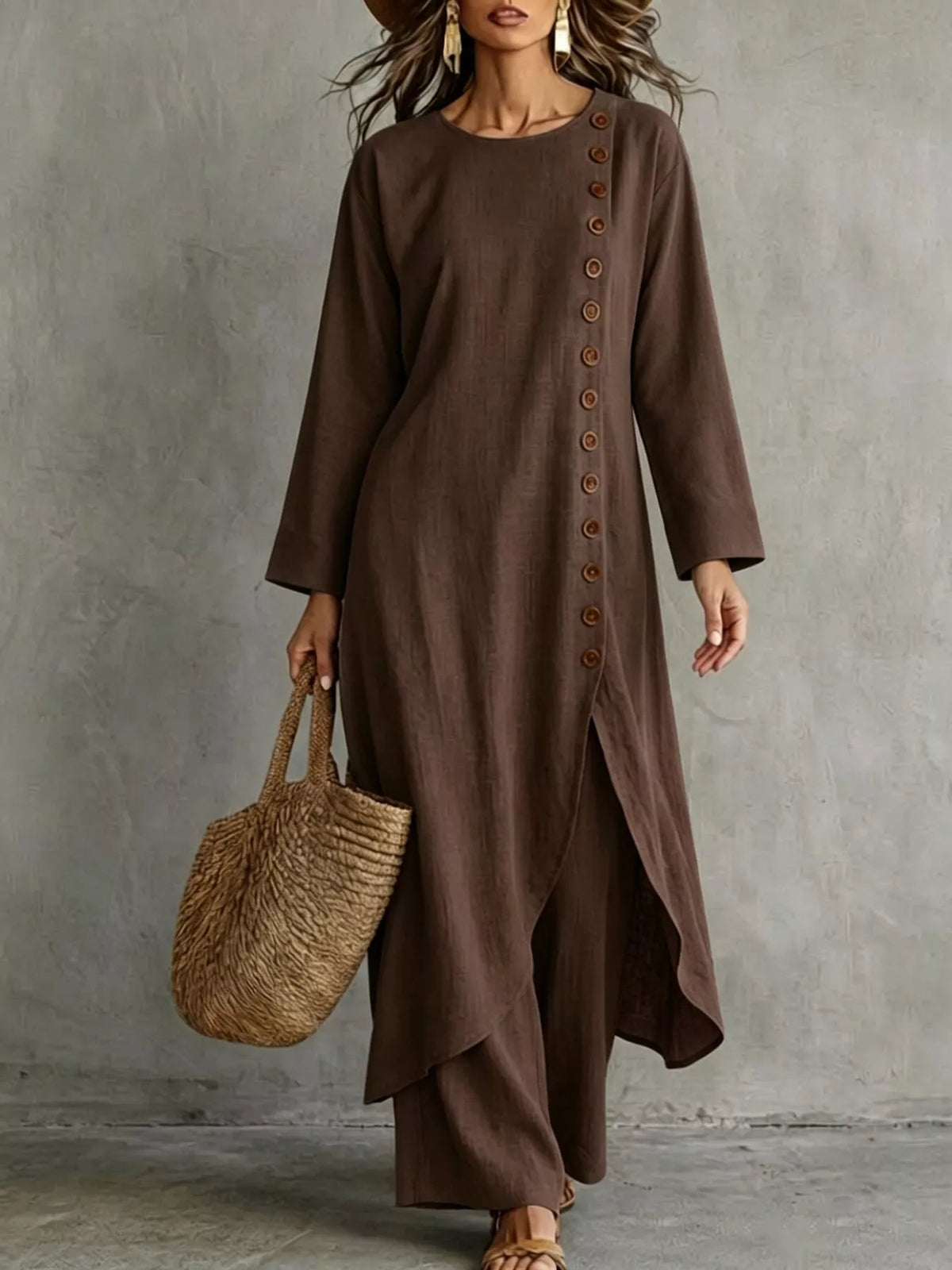 Brown longline top with a row of buttons down one side and matching pants, front view