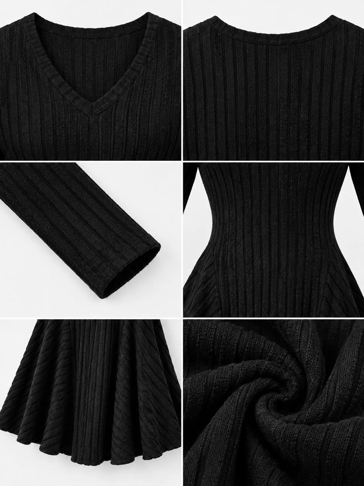 Six close-ups of the Black ribbed knit dress: V-neckline at the front, round neckline at the back, sleeve cuff, waist seams, flared hem and rib fabric