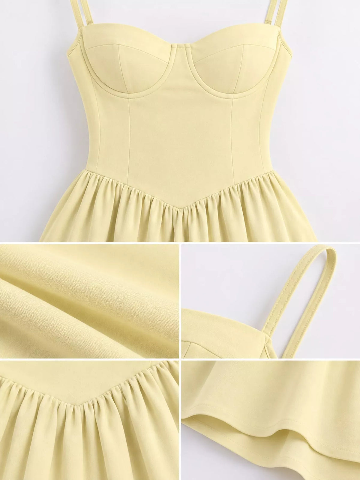 Close views of the Light Yellow midi dress: bodice, cups, strap, gathered V seam and hem