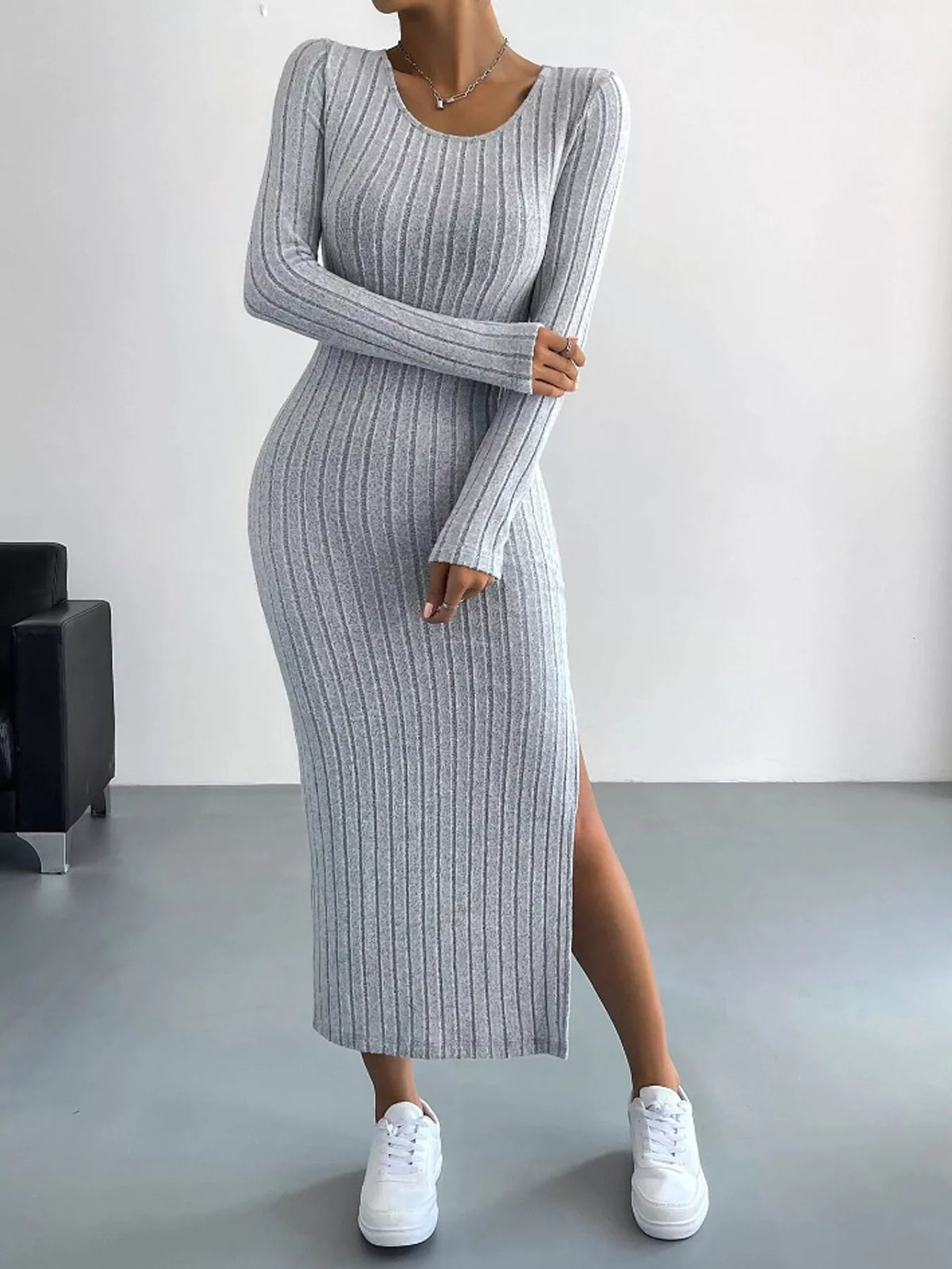 Light Gray ribbed knit long-sleeve midi dress with a side slit, front view