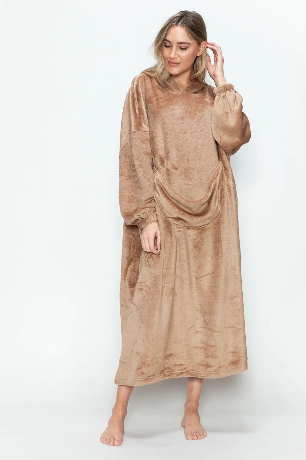 Mocha hooded lounge dress, front