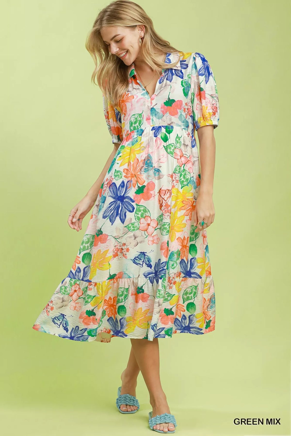 Short puff sleeve with elastic cuff on the watercolour floral midi dress