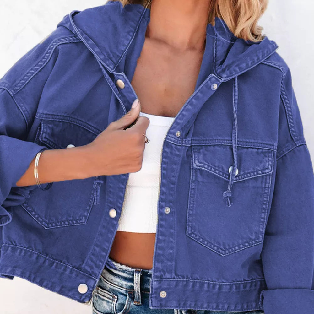 Close view of the royal blue hooded denim jacket front, drawstring and chest pocket