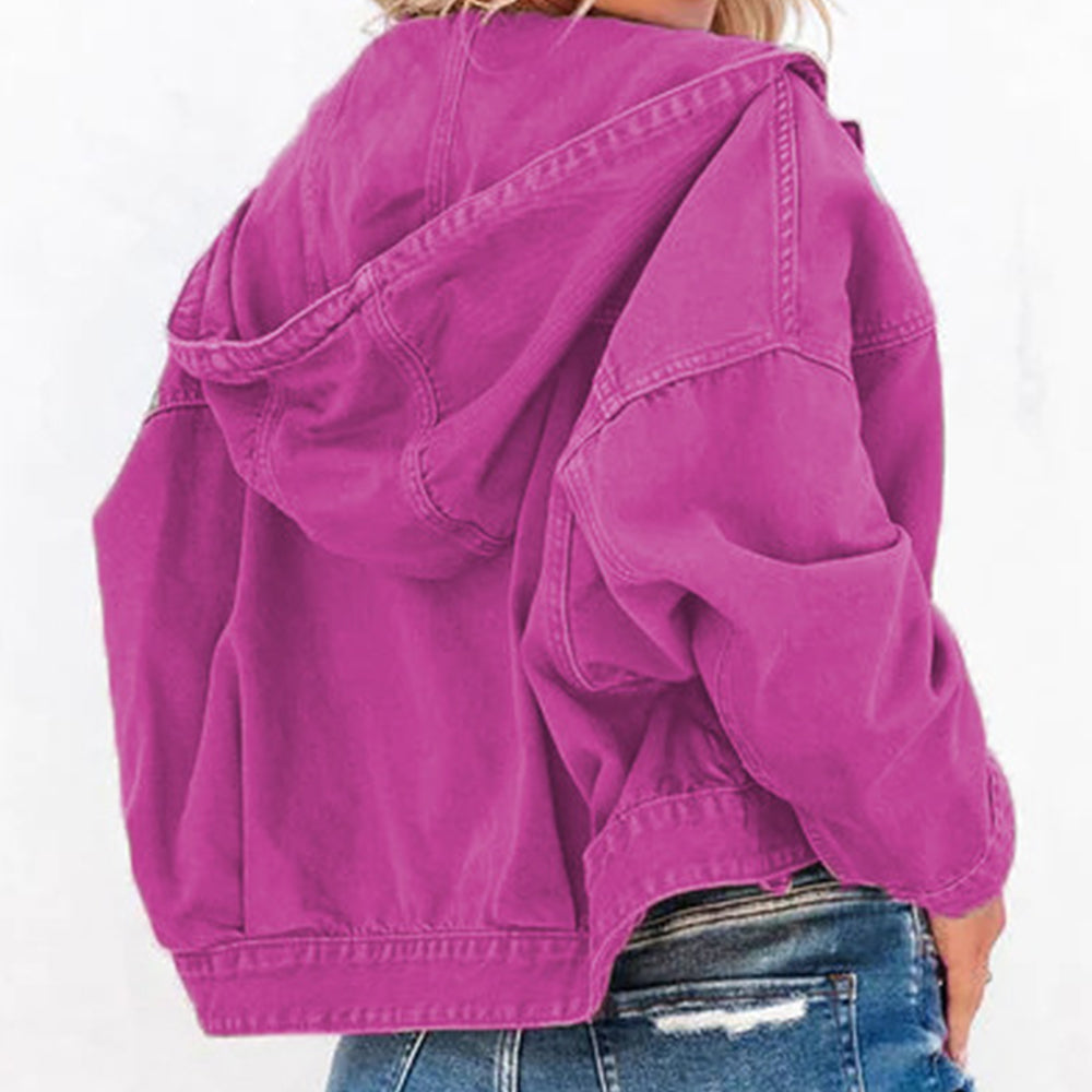 Fuchsia hooded denim jacket, back view showing the hood and dropped shoulders
