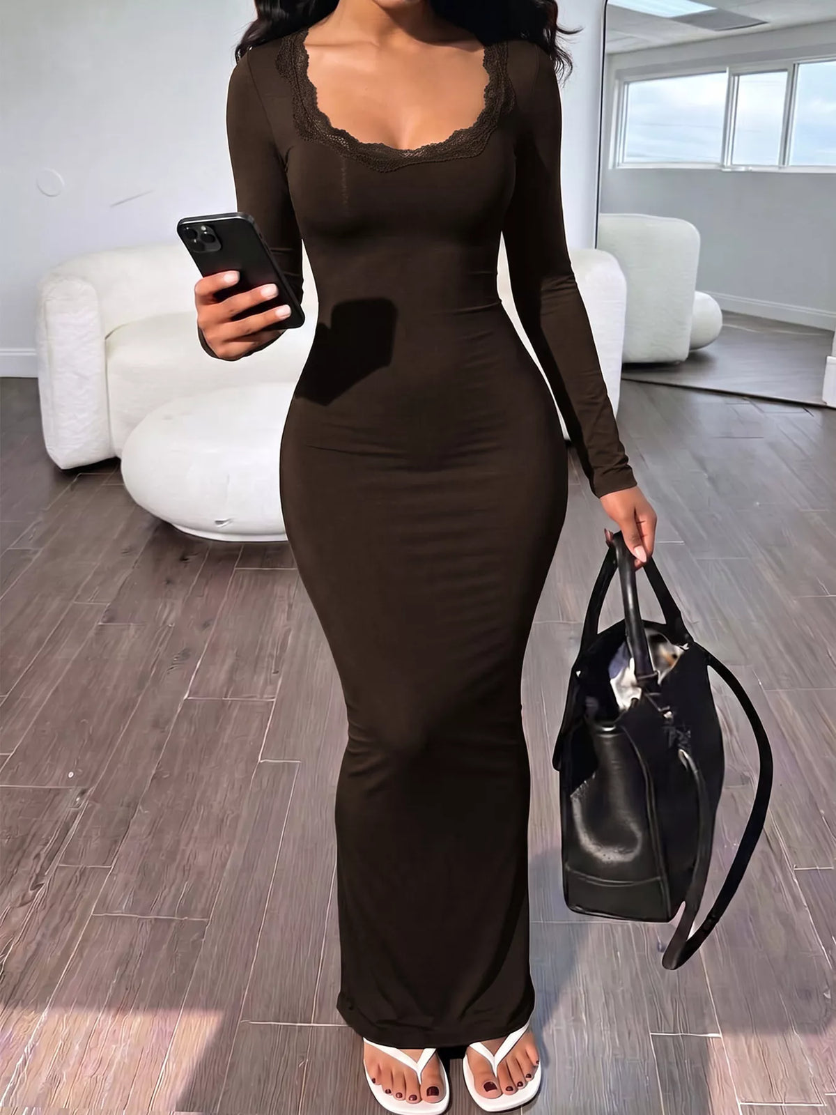 Brown long-sleeve bodycon maxi dress with a scalloped lace-trimmed neckline, front view