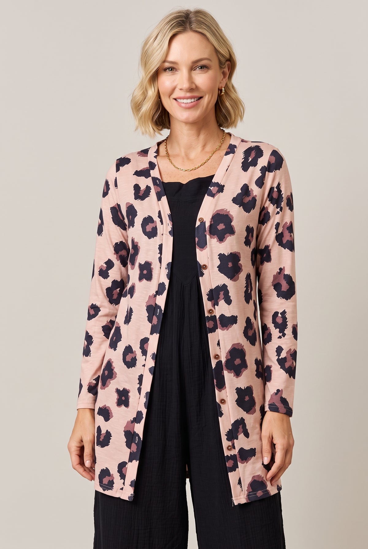 Leopard-print button-front longline cardigan, front, worn open