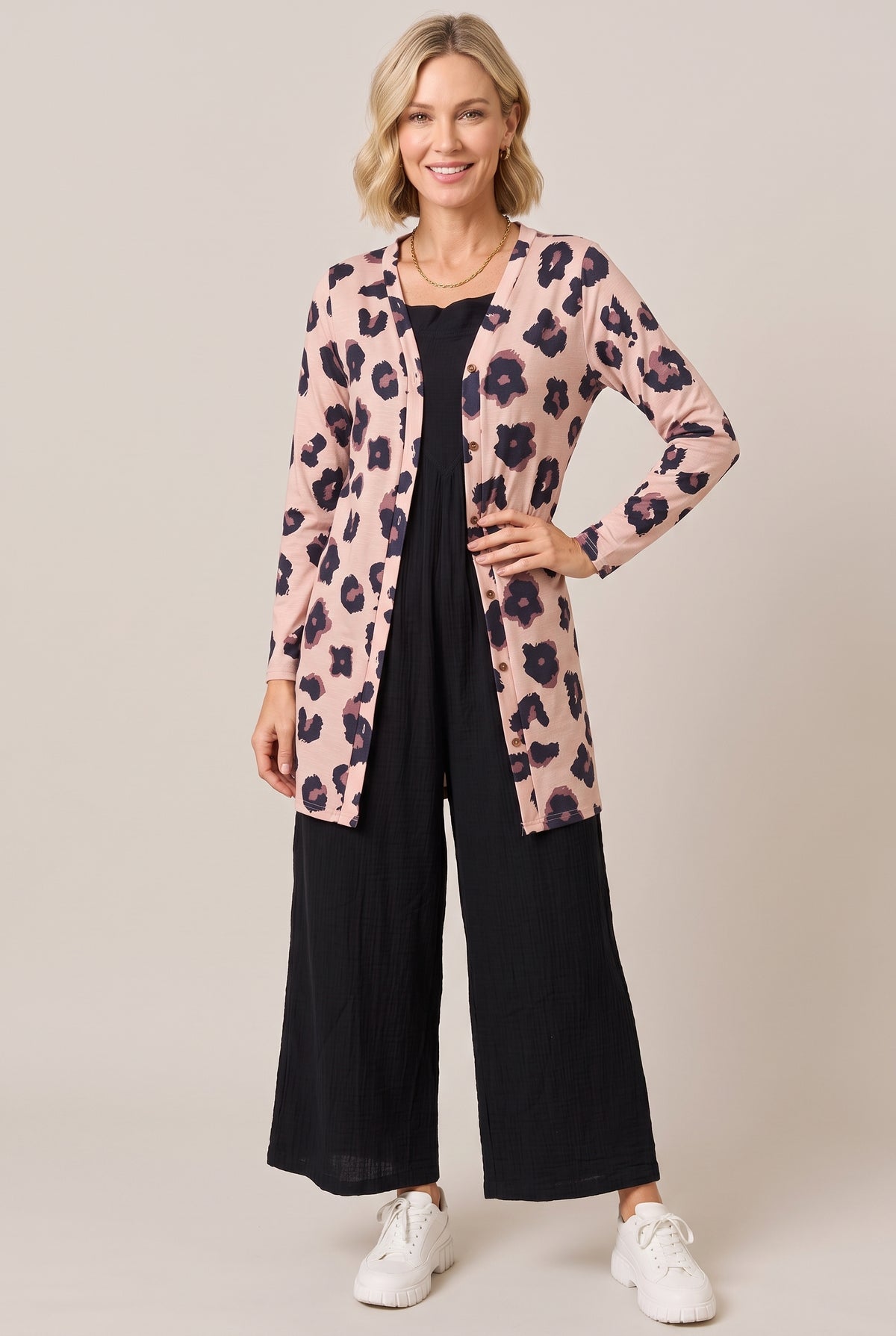Full-length view of the leopard-print longline cardigan