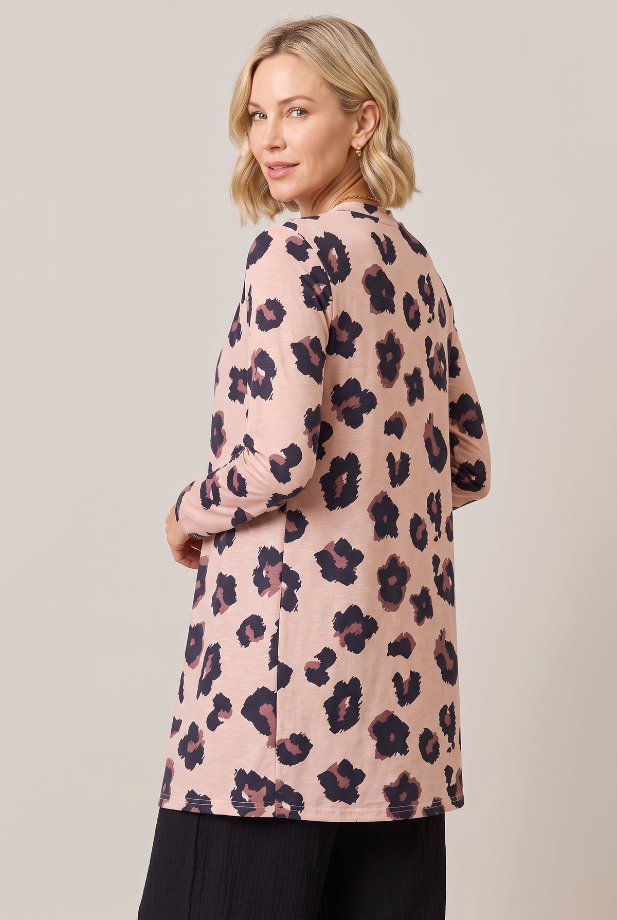 Back view of the leopard-print cardigan showing the all-over print
