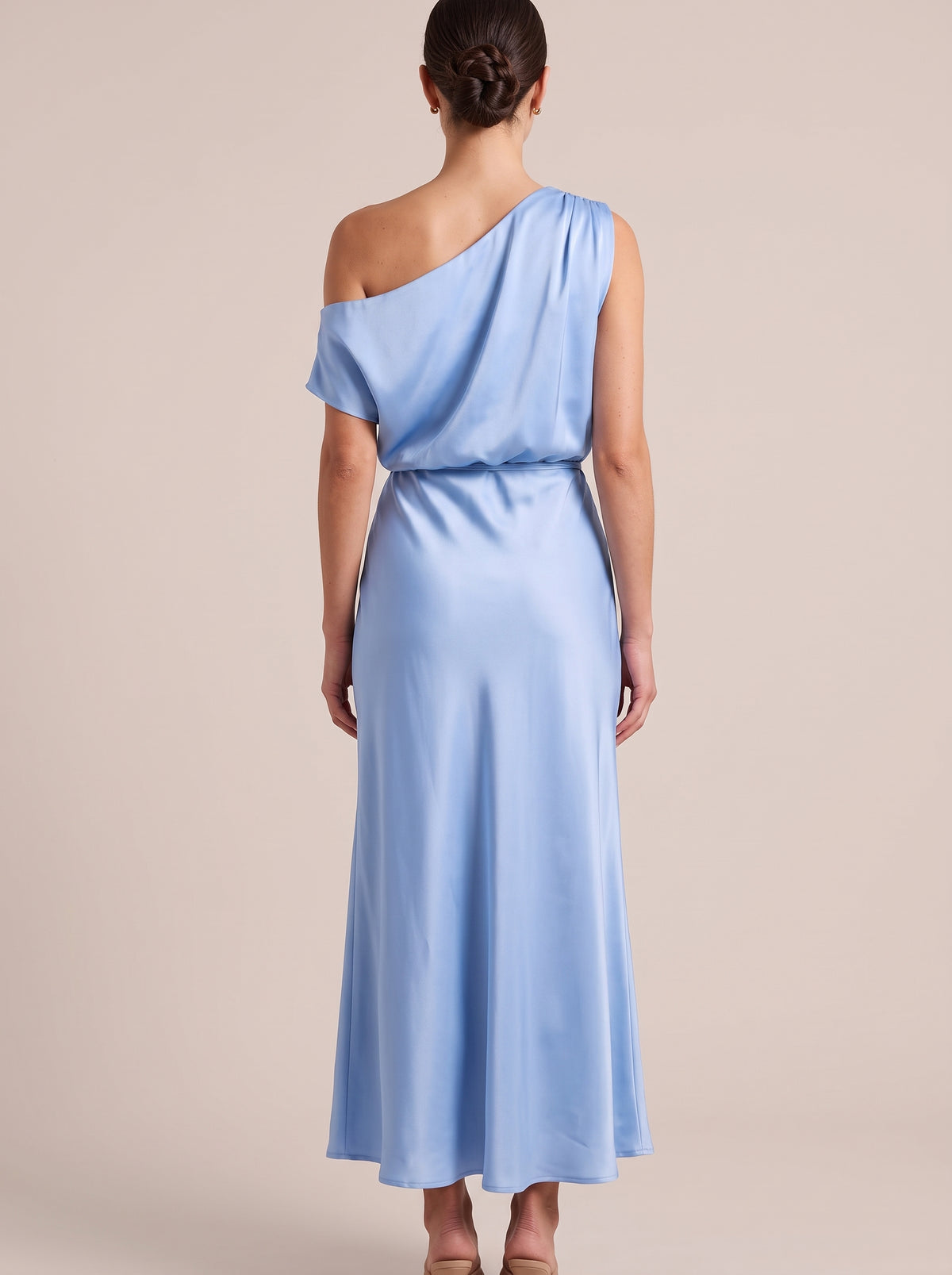 Back view of Light Blue one-shoulder maxi dress