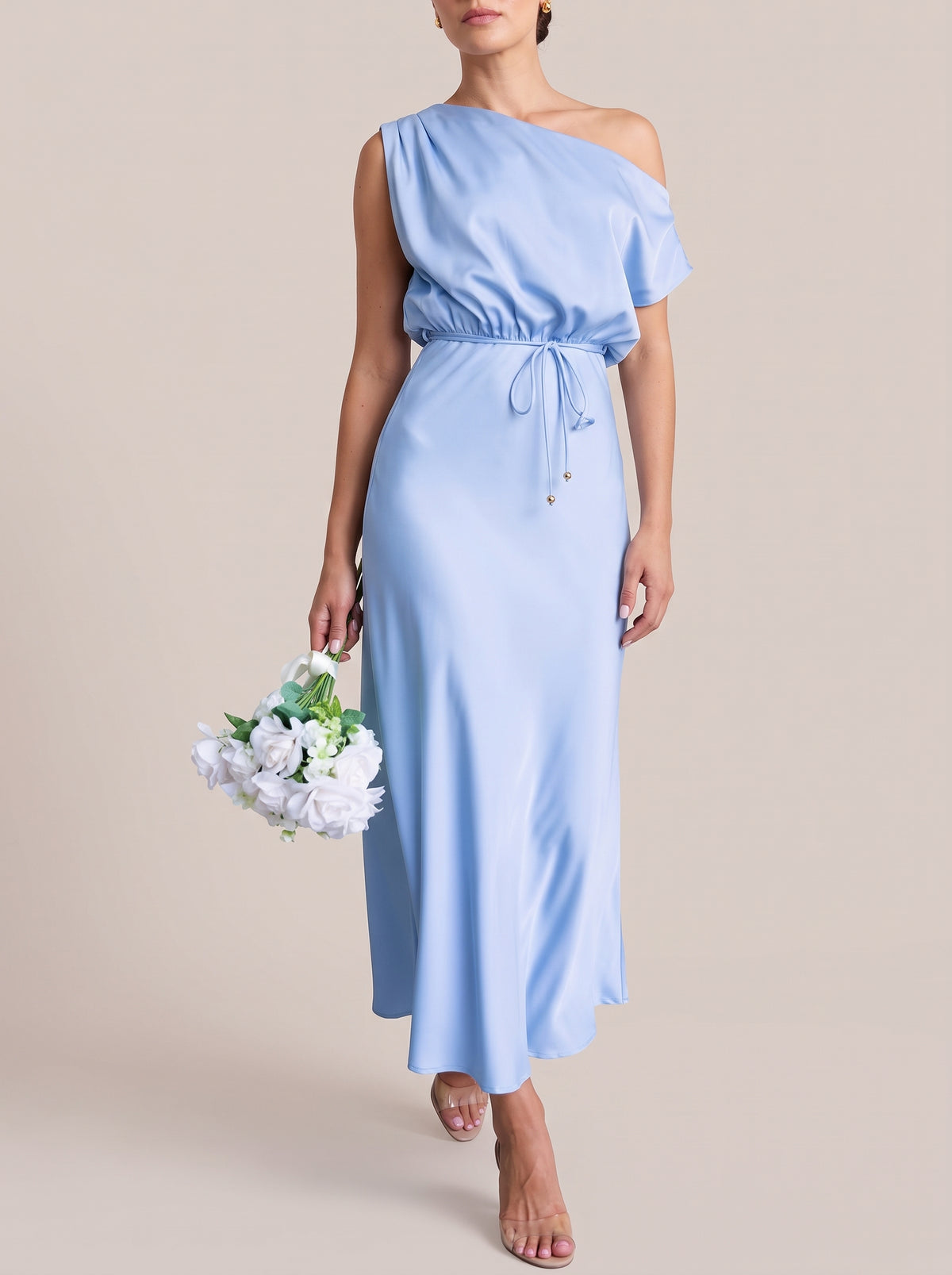 Light Blue one-shoulder maxi dress with tie waist, full-length front view