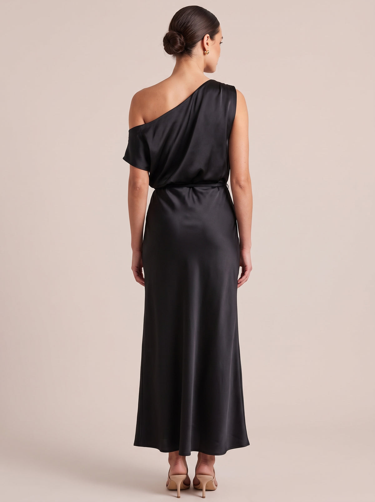 Back view of Black one-shoulder maxi dress