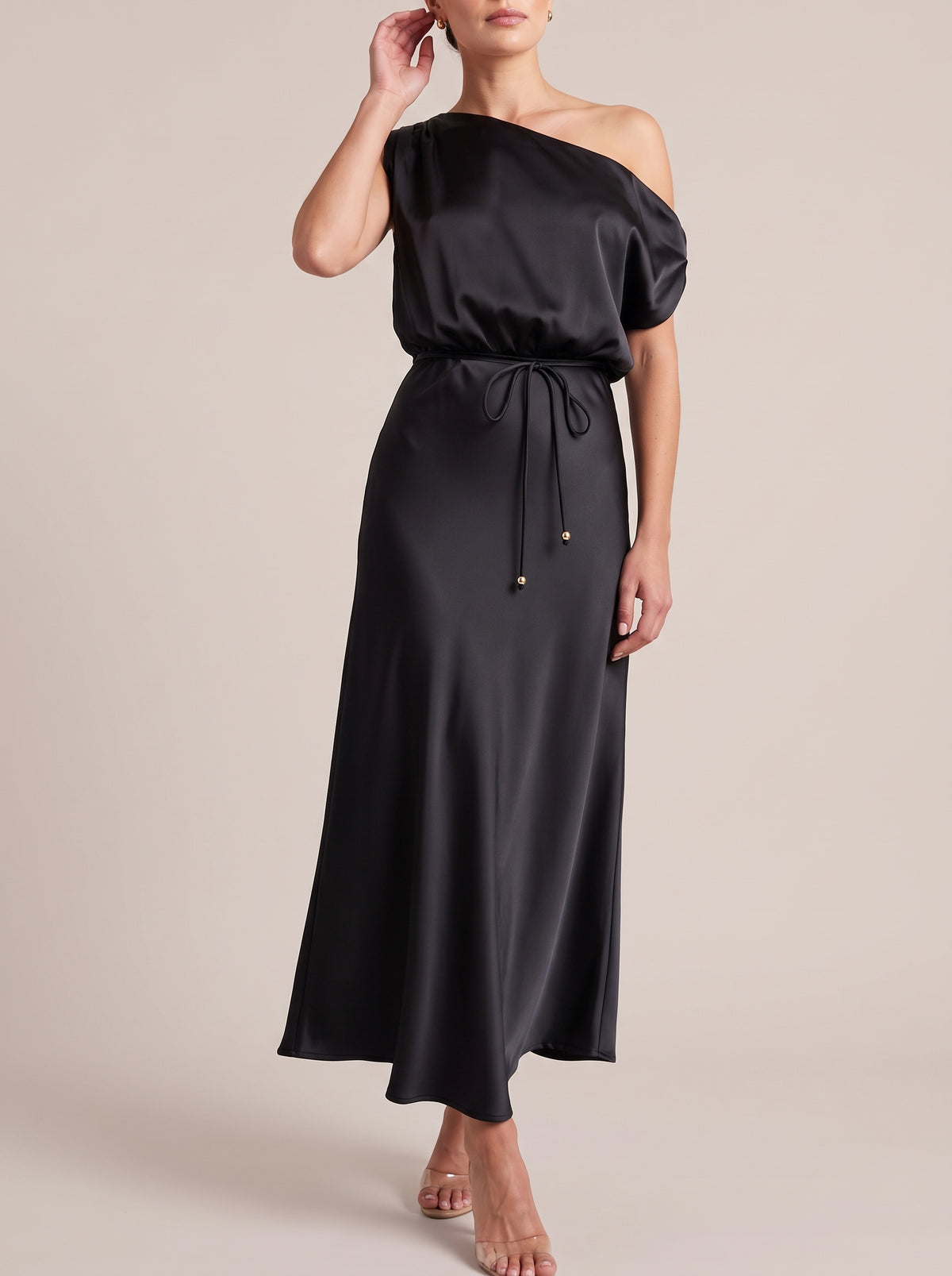 Black one-shoulder maxi dress with tie waist, front view