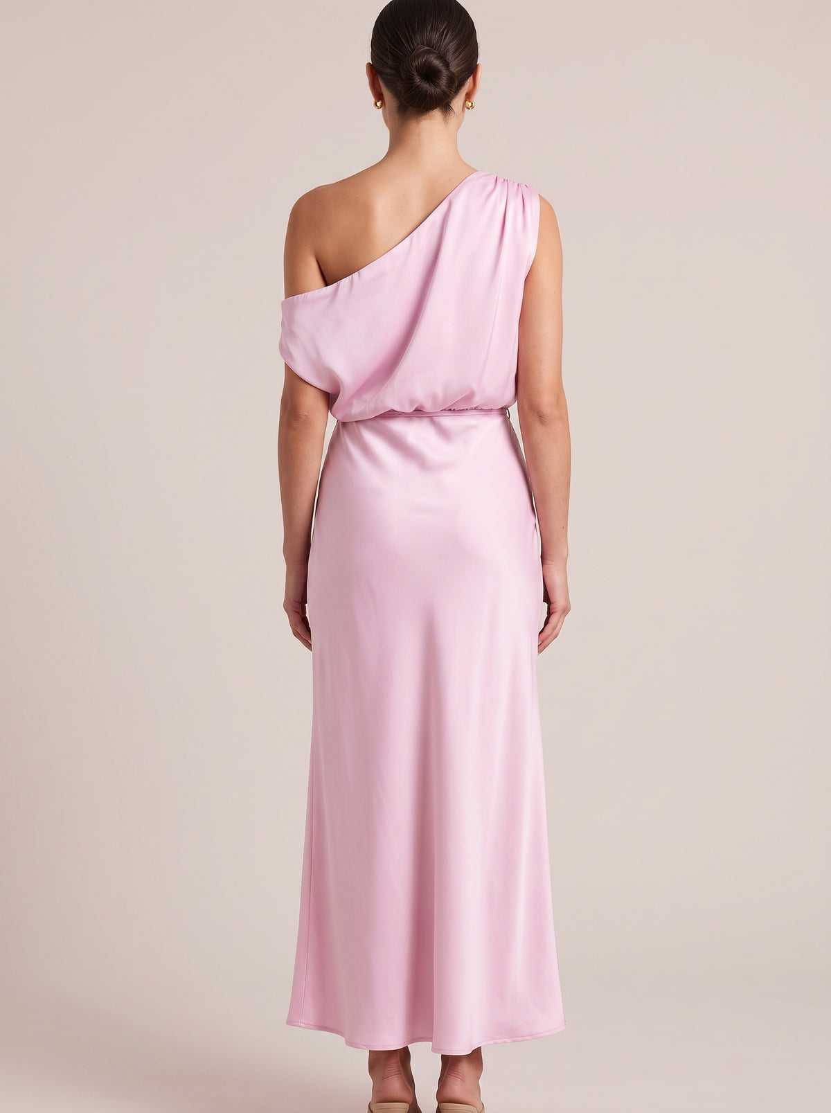 Back view of Pink one-shoulder maxi dress