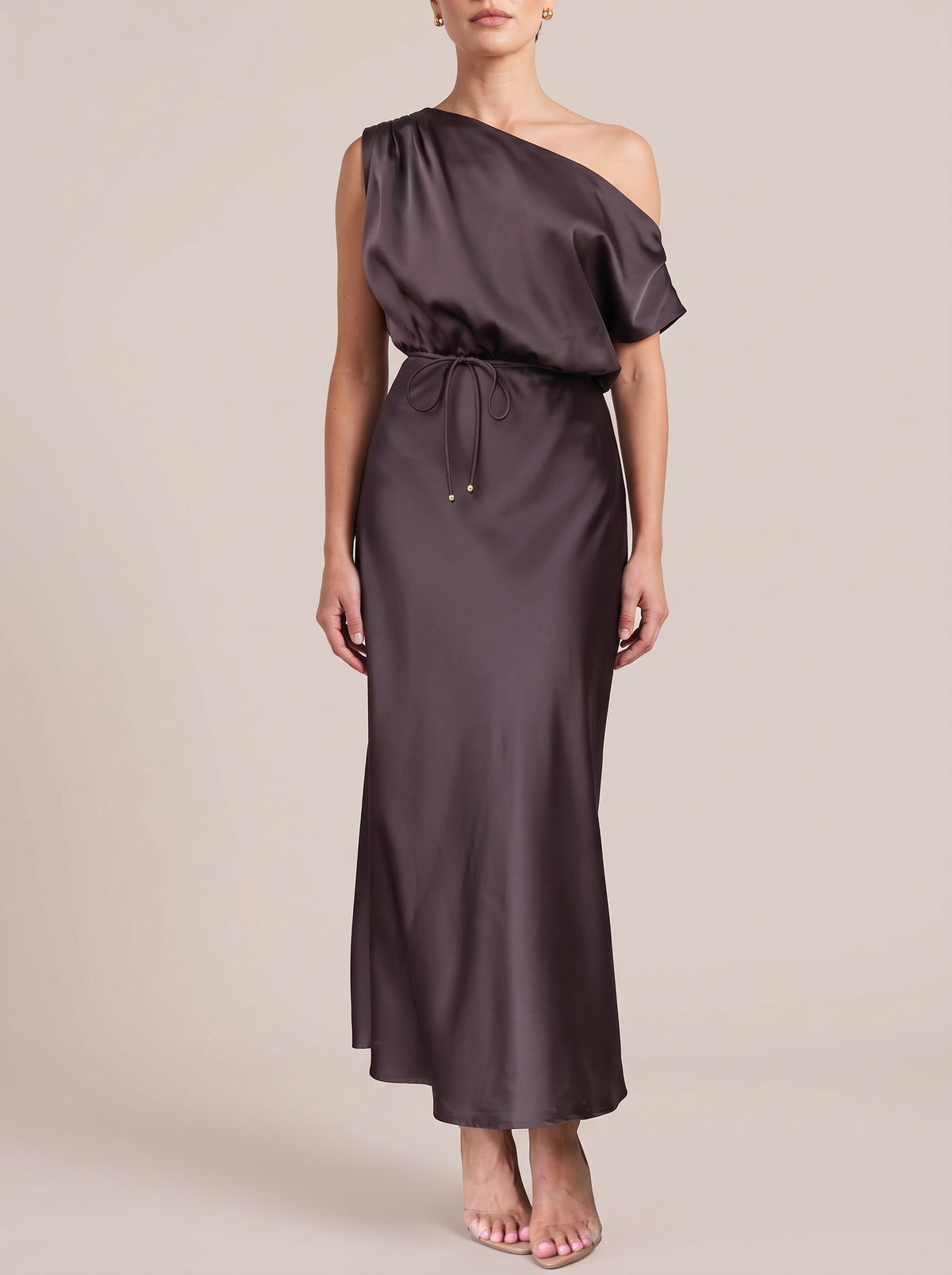 Brown one-shoulder maxi dress, front view
