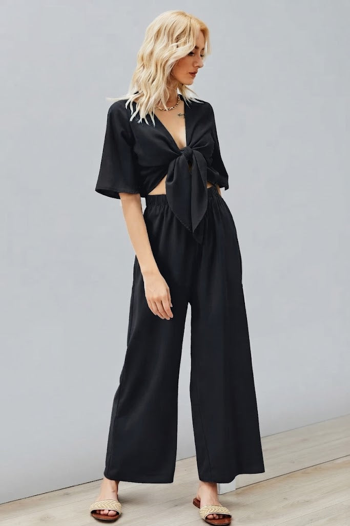 Tie Front Cutout Wide Leg Jumpsuit