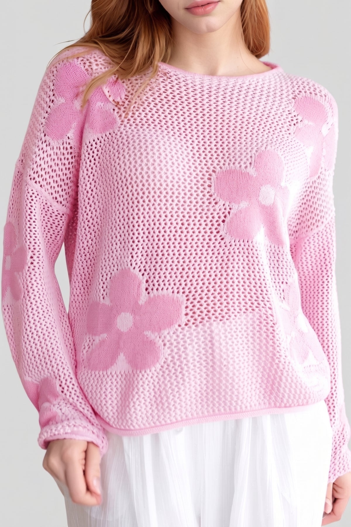 Openwork Round Neck Floral Knit Cover Up