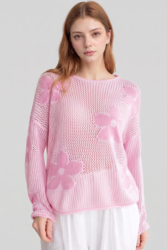 Openwork Round Neck Floral Knit Cover Up