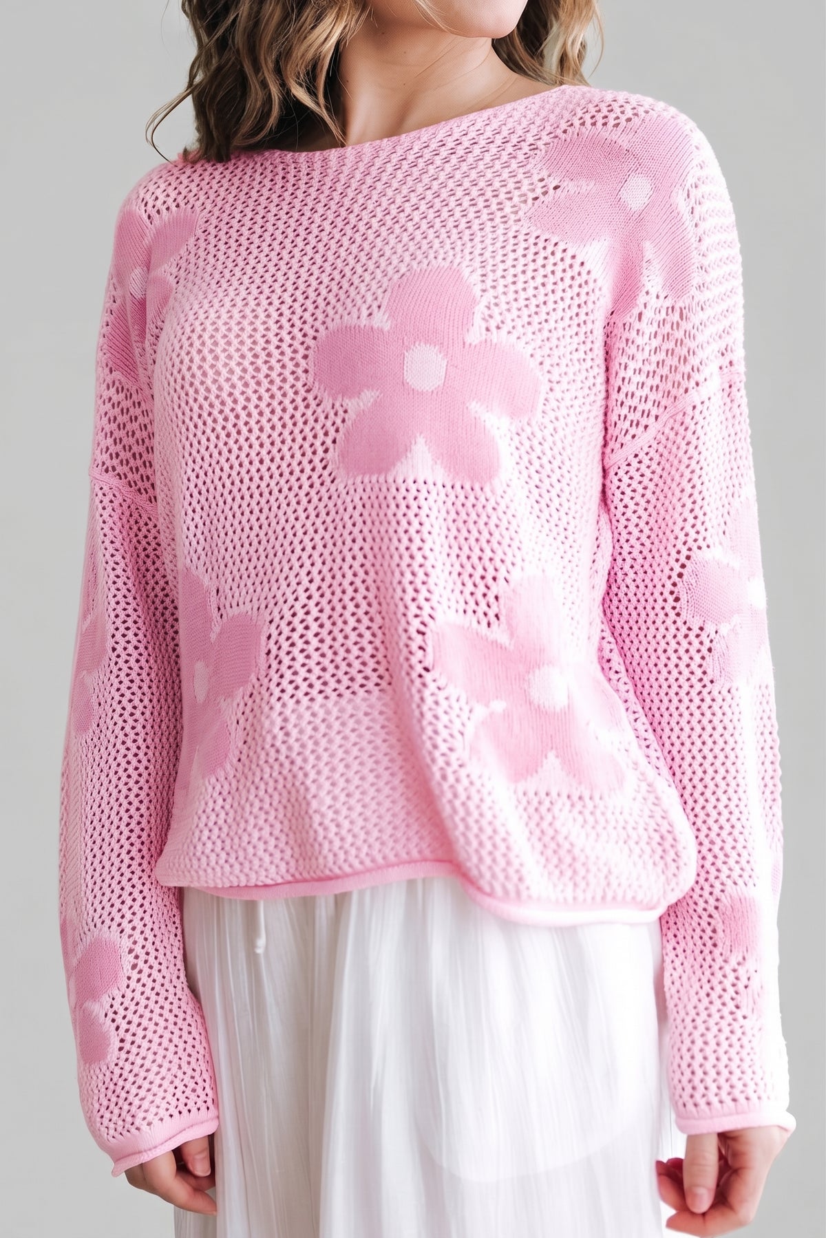 Openwork Round Neck Floral Knit Cover Up
