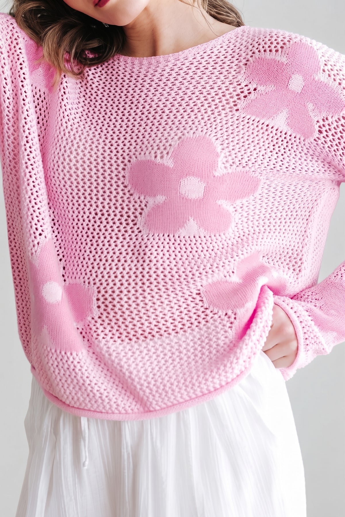 Openwork Round Neck Floral Knit Cover Up